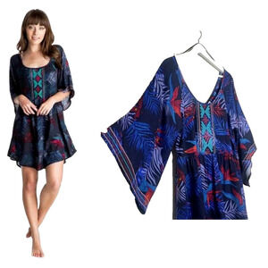 ROXY Sunset City Embroidered Bell Sleeve Tropical Floral Blue Dress M